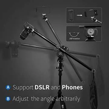 ILOKNZI 30 Inch Aluminum Tripod Extension Arm Overhead Camera Mount, Horizontal Retractable Center Column, Phone/Camcorder Shooting, with Phone Holder