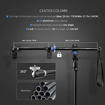 ILOKNZI 30 Inch Aluminum Tripod Extension Arm Overhead Camera Mount, Horizontal Retractable Center Column, Phone/Camcorder Shooting, with Phone Holder