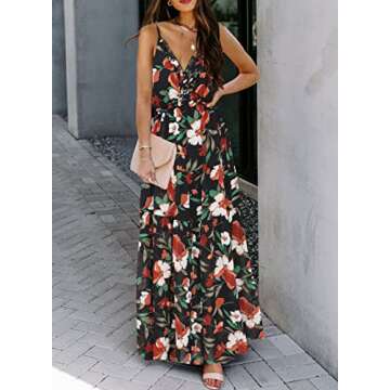 BLENCOT Women's Casual Boho Floral Printed Deep V Neck Loose Sleeveless Long Evening Dress Ruched Co...