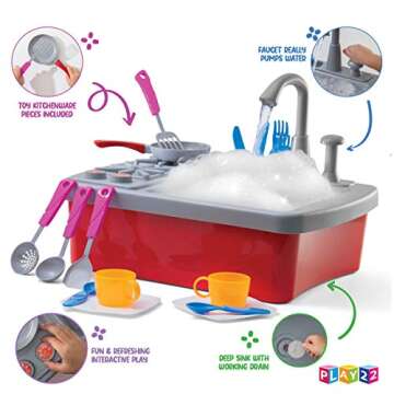Play22 17 Pc Kids Play Sink with Running Water - Kitchen Sink Toy - Toddler Sink Toy with Real Faucet & Drain, Dishes, Utensils - Play Cooking Stove W/Pan - Kitchen Toys for Toddlers & Kids