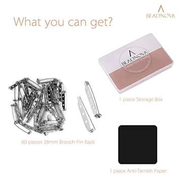 BEADNOVA Brooch Pin Back 60pcs Bar Pin Back 1.5 Inch Clasp Pinback Brooch Backings for Crafts Badge Name Tag DIY Jewelry Making and Craft (60 Pcs, Silver Color)