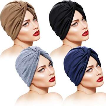 SATINIOR 4 Pieces Turbans for Women Soft Pre Tied Knot Fashion Pleated Cancer Turban Cap Chemo Headw...