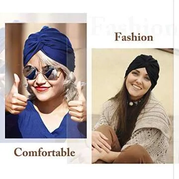 SATINIOR 4 Pieces Turbans for Women Soft Pre Tied Knot Fashion Pleated Cancer Turban Cap Chemo Headwrap Sleep Hat, 4 Colors (Black, Khaki, Navy Blue, Gray)