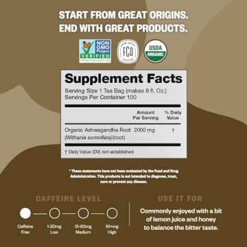 FGO Organic Ashwagandha Tea - Eco-Conscious Herbal Bags 20 Count
