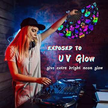 OMyTea UV Glow Rave Fan Foldable for Women/Men/Drag Queen - Large Clack Festival Folding Hand Fan - ...