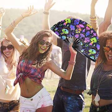 OMyTea UV Glow Rave Fan Foldable for Women/Men/Drag Queen - Large Clack Festival Folding Hand Fan - for EDM, Music Festival, Event, Party, Dance, Performance (Purple Mushroom)