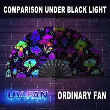 OMyTea UV Glow Rave Fan Foldable for Women/Men/Drag Queen - Large Clack Festival Folding Hand Fan - for EDM, Music Festival, Event, Party, Dance, Performance (Purple Mushroom)