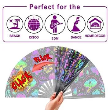 OMyTea UV Glow Rave Fan Foldable for Women/Men/Drag Queen - Large Clack Festival Folding Hand Fan - for EDM, Music Festival, Event, Party, Dance, Performance (Purple Mushroom)
