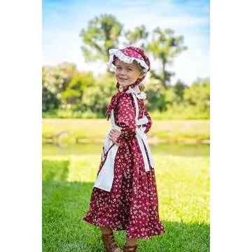 Aoiviss Pioneer Girls Dress Floral Colonial Prairie Costumes for Little Kids with Apron and Bonnet, Dark Red