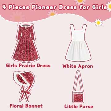 Aoiviss Pioneer Girls Dress Floral Colonial Prairie Costumes for Little Kids with Apron and Bonnet, Dark Red