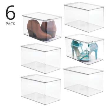 mDesign Set of 6 Shoe Storage Boxes — Stackable Plastic Shoe Boxes for Wedges, Pumps, Athletic Shoes — Practical Storage Box with Lid — Clear