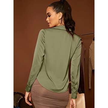 Floerns Women's Satin Long Sleeve Button Up Blouse Work Office Silky Shirts Tops Solid Olive Green S