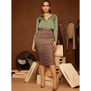 Floerns Women's Satin Long Sleeve Button Up Blouse Work Office Silky Shirts Tops Solid Olive Green S