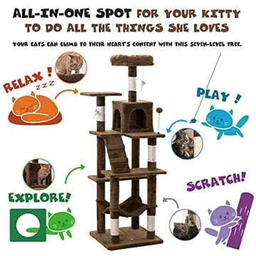 MWPO 63.8 inches Multi-Level Cat Tree for Large Cats with Sisal-Covered Scratching Posts, Padded Platform, Hammock and Condo,Stable Cat Tower Cat Condo Pet Play House (Brown)