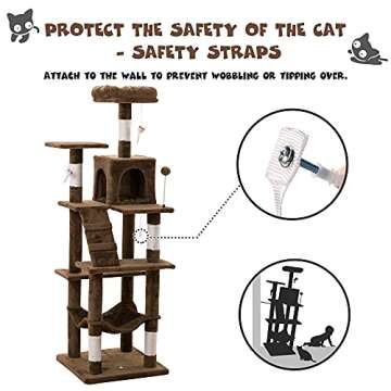 MWPO 63.8 inches Multi-Level Cat Tree for Large Cats with Sisal-Covered Scratching Posts, Padded Platform, Hammock and Condo,Stable Cat Tower Cat Condo Pet Play House (Brown)