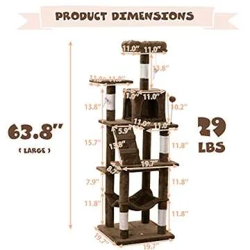 MWPO 63.8 inches Multi-Level Cat Tree for Large Cats with Sisal-Covered Scratching Posts, Padded Platform, Hammock and Condo,Stable Cat Tower Cat Condo Pet Play House (Brown)