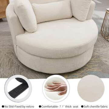 Oversized Swivel Accent Round Chair Modern Chenille Upholstered Sofa Chair with 3 Pillow 360 Swivel Lounge Chair Cozy Club Leisure Chair for Living Room Bedroom Home Office (Chenille Beige)