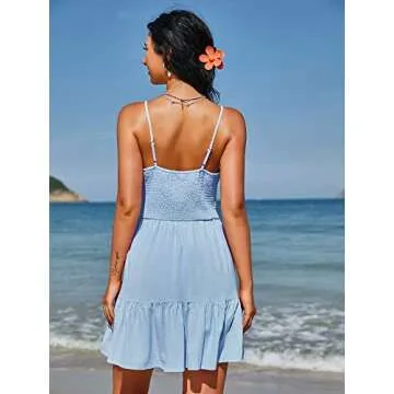 ZAFUL Women's Casual V Neck Summer Mini Dress Spaghetti Strap A-Line Short Dresses Backless Solid Color Sundress (A-f Blue,S)