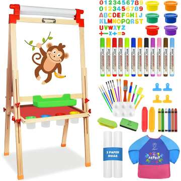 Joyooss Adjustable Kids Art Easel - Dual-Sided Wooden with 100+ Supplies