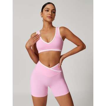 QBGJTD Two Piece Workout Sets for Women V Neck Color Block Crop Tank Sports Bra Matching High Waist ...
