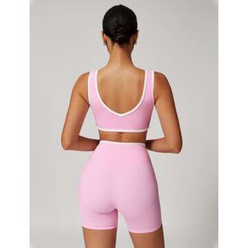 QBGJTD Two Piece Workout Sets for Women V Neck Color Block Crop Tank Sports Bra Matching High Waist Booty Lifting Biker Shorts 2 Piece Gym Yoga Active Wear Outfits Womens Athletic Work Out Pink M