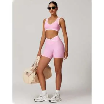 QBGJTD Two Piece Workout Sets for Women V Neck Color Block Crop Tank Sports Bra Matching High Waist Booty Lifting Biker Shorts 2 Piece Gym Yoga Active Wear Outfits Womens Athletic Work Out Pink M