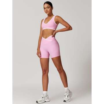 QBGJTD Two Piece Workout Sets for Women V Neck Color Block Crop Tank Sports Bra Matching High Waist Booty Lifting Biker Shorts 2 Piece Gym Yoga Active Wear Outfits Womens Athletic Work Out Pink M