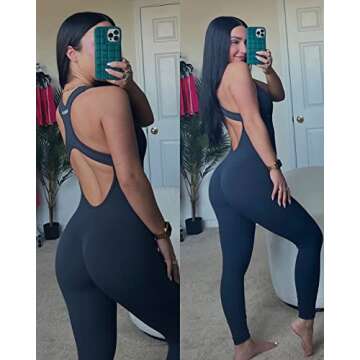 AUROLA Power Workout Jumpsuit for Women Yoga Gym Seamless One Piece Racerback Tummy Control Padded Bra Jumpsuit,Dark Grey，M