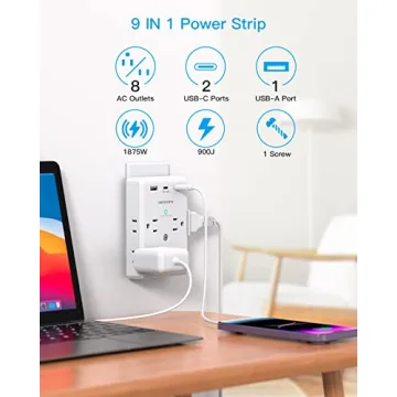 3 Sided Multi Plug Outlet Extender with USB C Ports