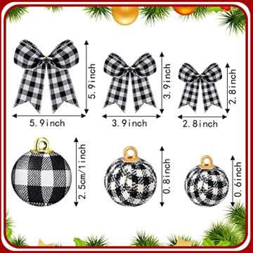 Chuangdi 36 Pcs Christmas Buffalo Plaid Ball Ornament Fabric Wrapped Ball 12 Pcs Buffalo Plaid Bow Xmas Tree Hanging Decor Holiday Farmhouse Party Supplies (Black and White Plaid, 5.9 Inch and 1 Inch)
