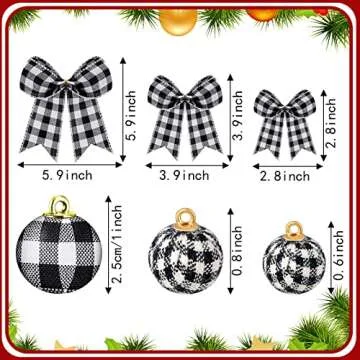 Chuangdi 36 Pcs Christmas Buffalo Plaid Ball Ornament Fabric Wrapped Ball 12 Pcs Buffalo Plaid Bow Xmas Tree Hanging Decor Holiday Farmhouse Party Supplies (Black and White Plaid, 5.9 Inch and 1 Inch)