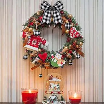 Chuangdi 36 Pcs Christmas Buffalo Plaid Ball Ornament Fabric Wrapped Ball 12 Pcs Buffalo Plaid Bow Xmas Tree Hanging Decor Holiday Farmhouse Party Supplies (Black and White Plaid, 5.9 Inch and 1 Inch)