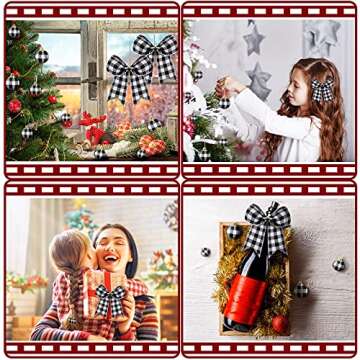 Chuangdi 36 Pcs Christmas Buffalo Plaid Ball Ornament Fabric Wrapped Ball 12 Pcs Buffalo Plaid Bow Xmas Tree Hanging Decor Holiday Farmhouse Party Supplies (Black and White Plaid, 5.9 Inch and 1 Inch)