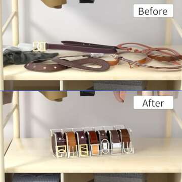 NIUBEE Belt Organizer, Acrylic Belt Storage Holder for the Closet and Drawer, 7 Compartments Belt Box with Display Stand