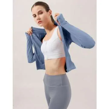 Locachy Women's Lightweight Stretchy Workout Full Zip Running Track Jacket with Thumb Holes Light Blue S