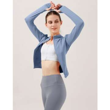 Locachy Women's Lightweight Stretchy Workout Full Zip Running Track Jacket with Thumb Holes Light Blue S