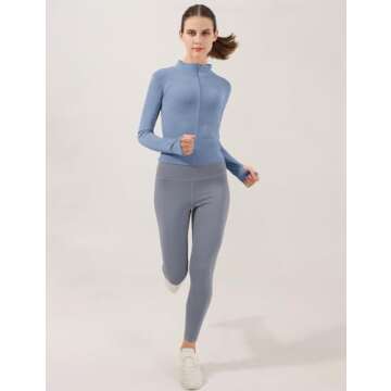 Locachy Women's Lightweight Stretchy Workout Full Zip Running Track Jacket with Thumb Holes Light Blue S