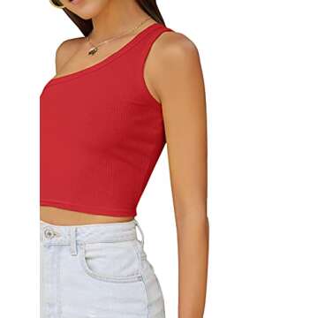 Verdusa Women's Sexy One Shoulder Sleeveless Ribbed Crop Top Red S