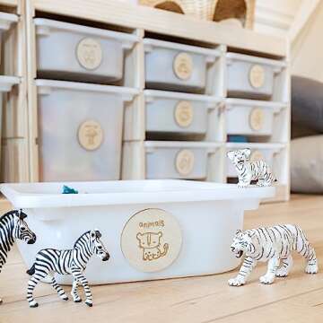 Wood Toy Storage Labels 3M Double Sided Tape. 20 Unique Designs of Wooden Trofast Tags. Home Organization Playroom, Bedroom Decor. Original Illustration by Artist @vieli_arte (Wood + 3M)