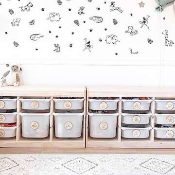 Wood Toy Storage Labels 3M Double Sided Tape. 20 Unique Designs of Wooden Trofast Tags. Home Organization Playroom, Bedroom Decor. Original Illustration by Artist @vieli_arte (Wood + 3M)