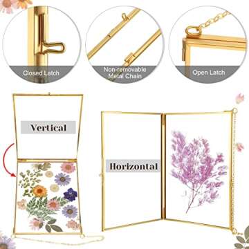 6 Pieces Brass Double Glass Frame 5 x 7 Inch Gold Floating Hanging Photo Frame Clear Horizontal and Vertical Pressed Flower Frames with Chain for Gallery Pictures Vintage Artwork Display