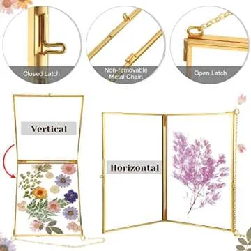 6 Pieces Brass Double Glass Frame 5 x 7 Inch Gold Floating Hanging Photo Frame Clear Horizontal and Vertical Pressed Flower Frames with Chain for Gallery Pictures Vintage Artwork Display