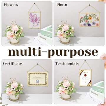 6 Pieces Brass Double Glass Frame 5 x 7 Inch Gold Floating Hanging Photo Frame Clear Horizontal and Vertical Pressed Flower Frames with Chain for Gallery Pictures Vintage Artwork Display