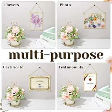 6 Pieces Brass Double Glass Frame 5 x 7 Inch Gold Floating Hanging Photo Frame Clear Horizontal and Vertical Pressed Flower Frames with Chain for Gallery Pictures Vintage Artwork Display