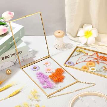 6 Pieces Brass Double Glass Frame 5 x 7 Inch Gold Floating Hanging Photo Frame Clear Horizontal and Vertical Pressed Flower Frames with Chain for Gallery Pictures Vintage Artwork Display