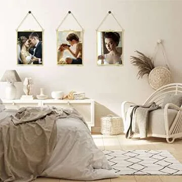 6 Pieces Brass Double Glass Frame 5 x 7 Inch Gold Floating Hanging Photo Frame Clear Horizontal and Vertical Pressed Flower Frames with Chain for Gallery Pictures Vintage Artwork Display