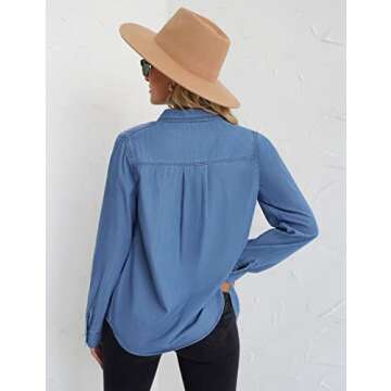 Vetinee Women's Dark Blue Button Down Denim Shirt - Vintage Tunic with Pockets