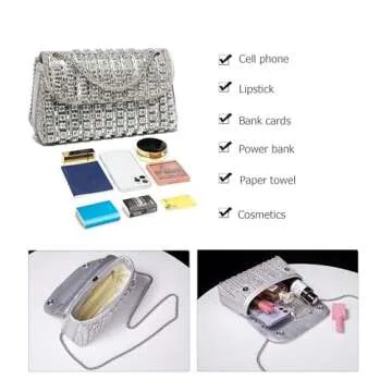 Sweetovo Rhinestones Clutch Purses for Women Chain Shoulder Bags Sparkly Evening Bags Handbags for Cocktail Prom Party Wedding(Silver)