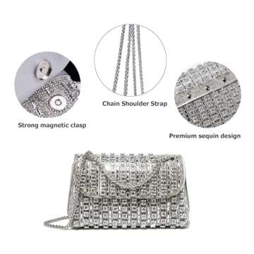 Sweetovo Rhinestones Clutch Purses for Women Chain Shoulder Bags Sparkly Evening Bags Handbags for Cocktail Prom Party Wedding(Silver)