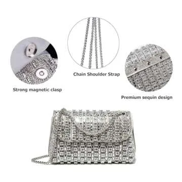 Sweetovo Rhinestones Clutch Purses for Women Chain Shoulder Bags Sparkly Evening Bags Handbags for Cocktail Prom Party Wedding(Silver)